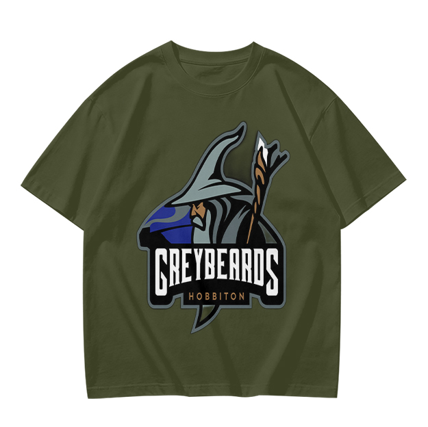 Olive t-shirt with Greybeards Hobbiton wizard graphic