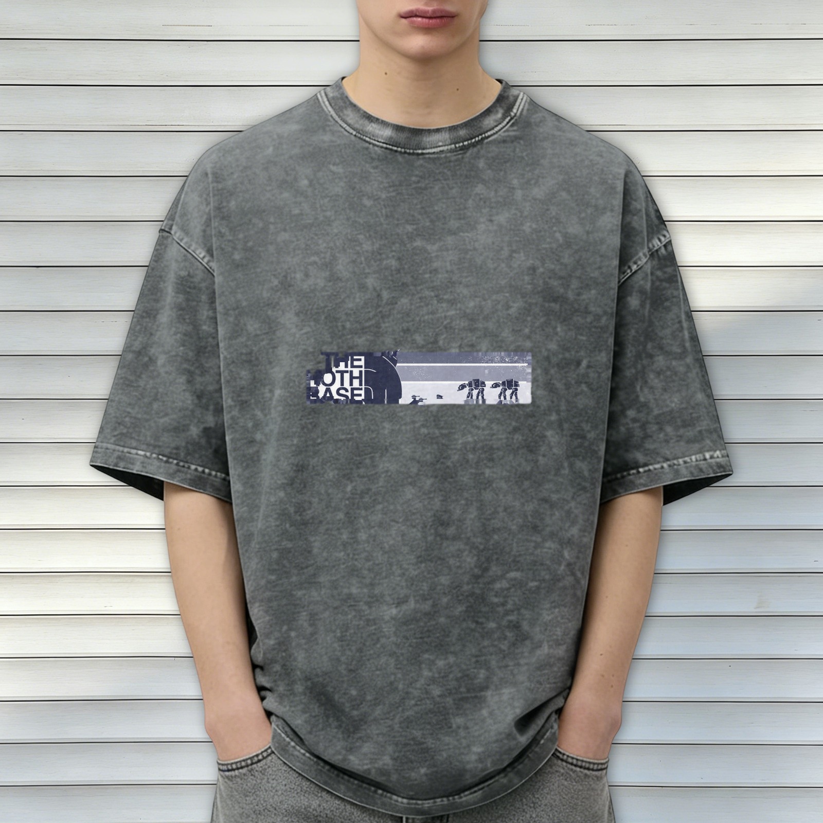 Men's Oversized Acid Wash T-Shirt with 'The Hoth Base' Star Wars Graphic Print, Black Distressed Denim-Look Fabric