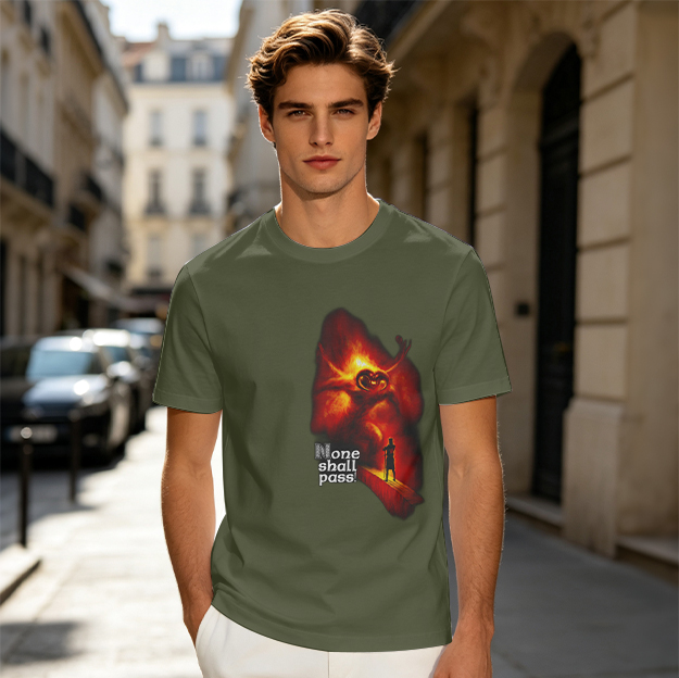Olive T-Shirt with 'None Shall Pass' Fire Demon Graphic