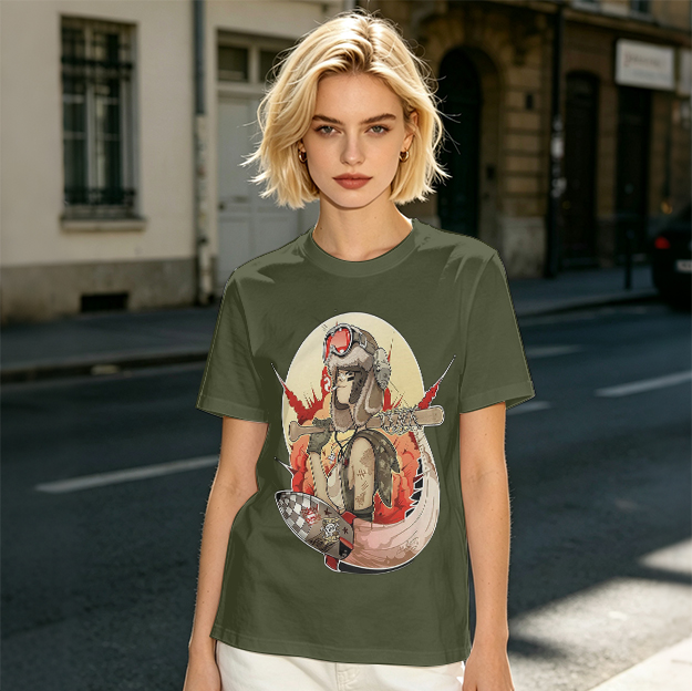 Olive T-Shirt with Retro Military Pilot Girl Graphic Print