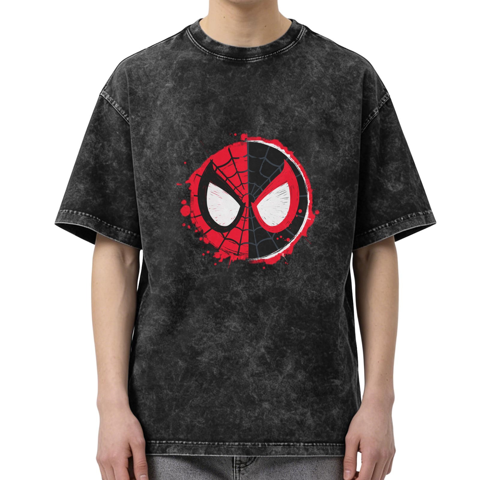 Oversized Spider-Man Split Mask Graphic Acid Wash T-Shirt