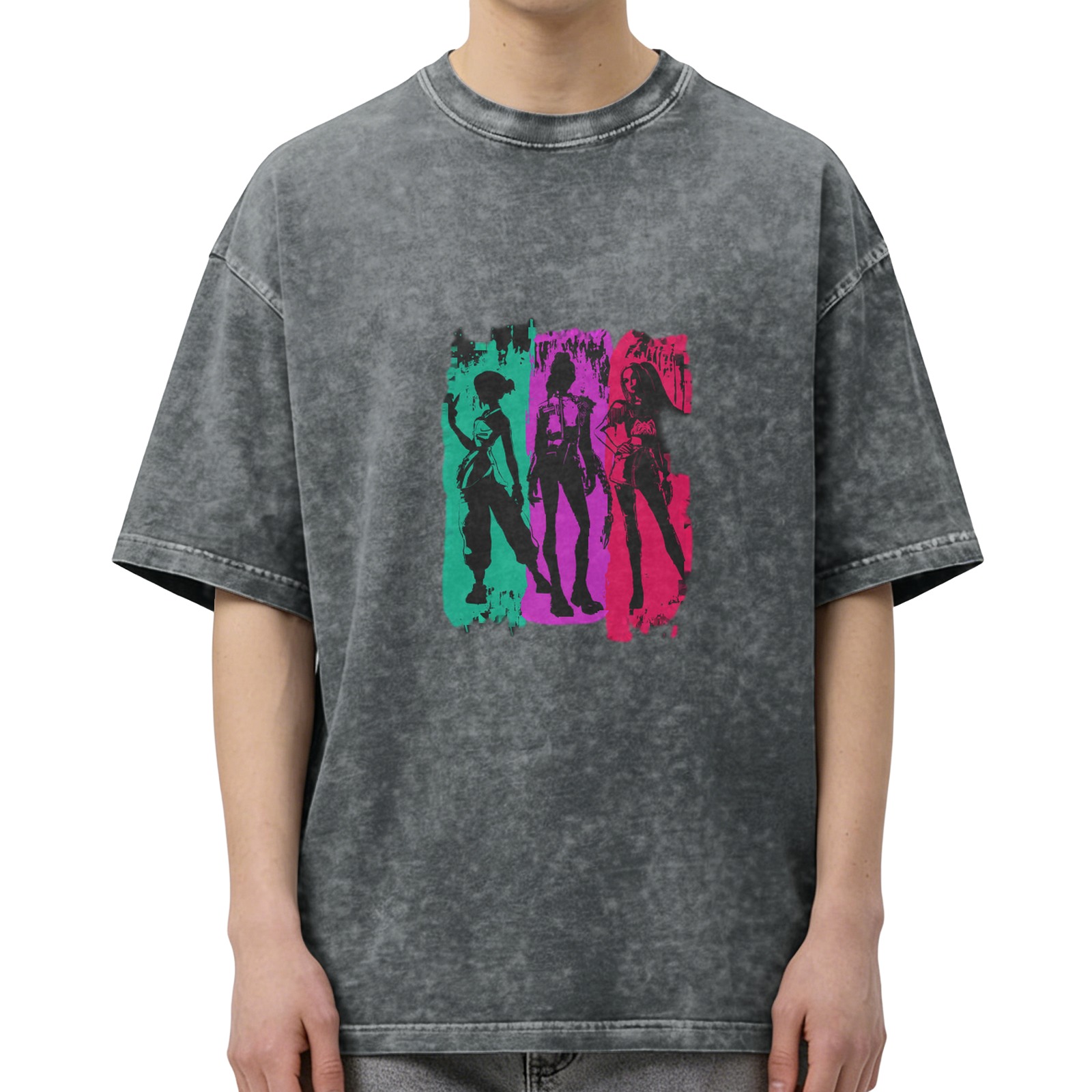 Washed Black T-Shirt with Neon Three Female Silhouette Print