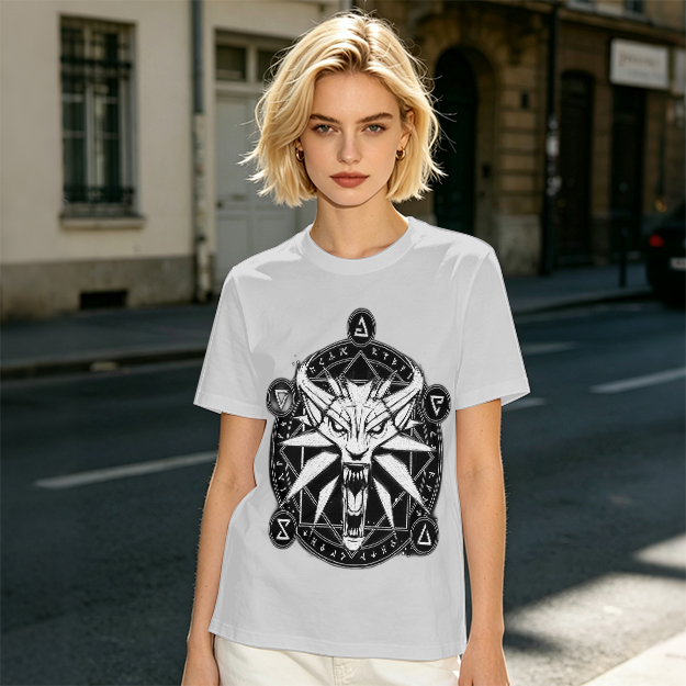 Olive T-Shirt With Witcher Wolf Medallion Magic Circle Print