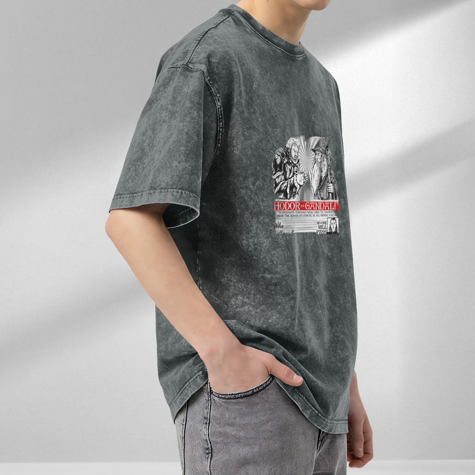 Hodor vs Gandalf Graphic Stonewashed T-Shirt Fantasy Crossover Tee