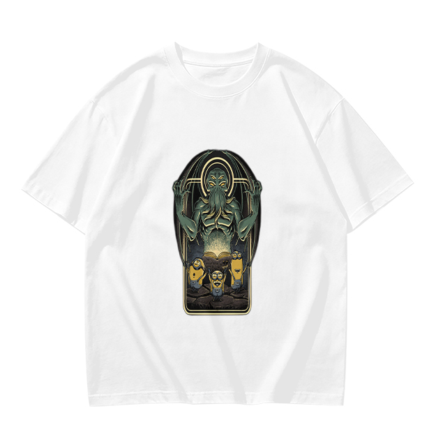 Olive Green T-Shirt with Cthulhu and Minions Graphic Print