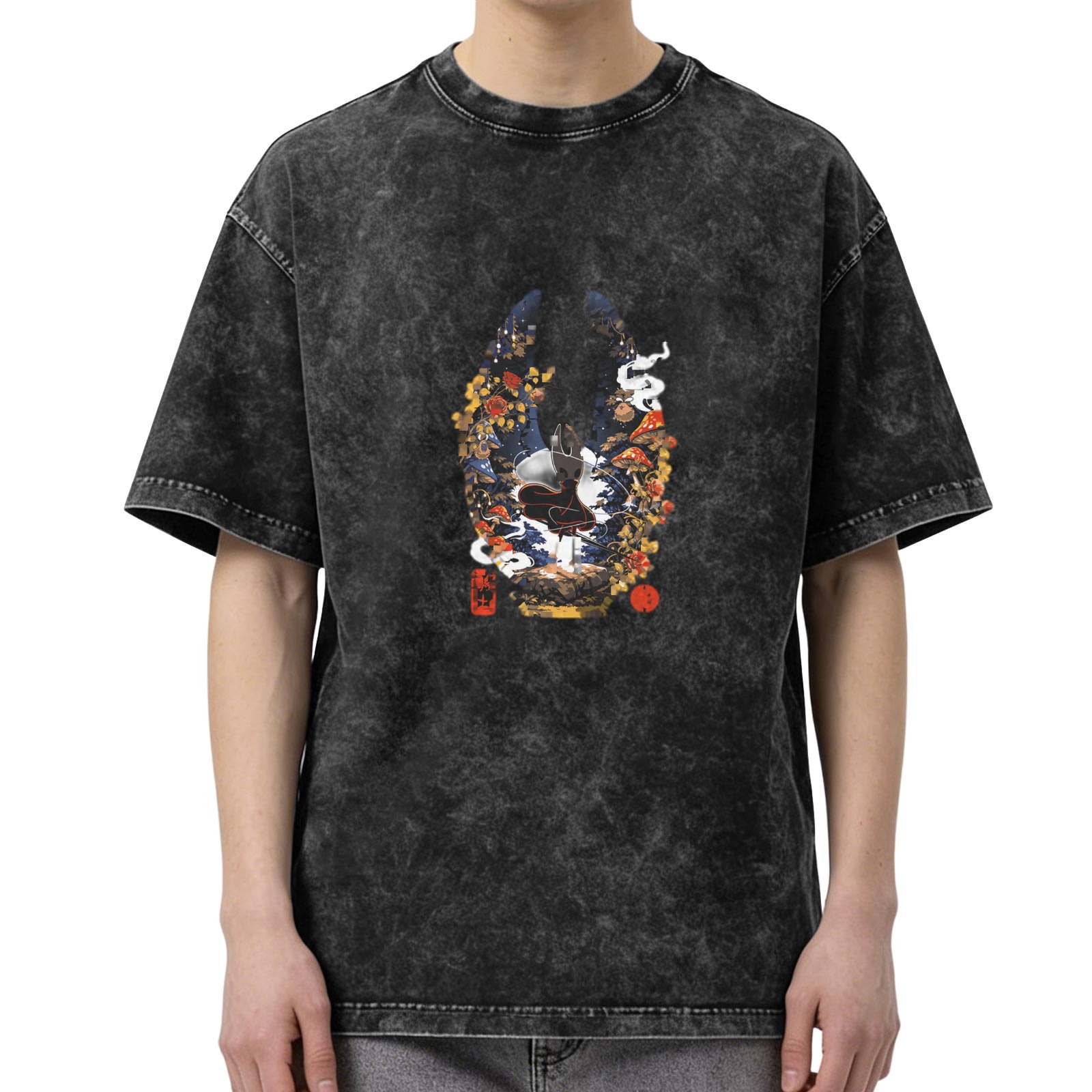 Washed black graphic t-shirt with fantasy mushroom and insect warrior design