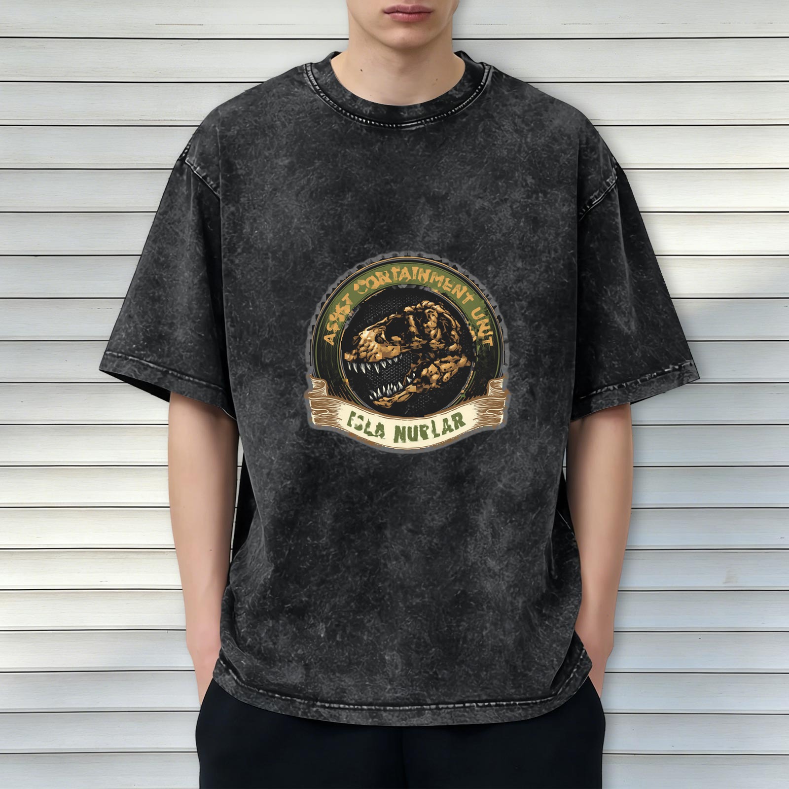 Washed Black T-Shirt with Dinosaur Containment Unit Isla Nublar Graphic