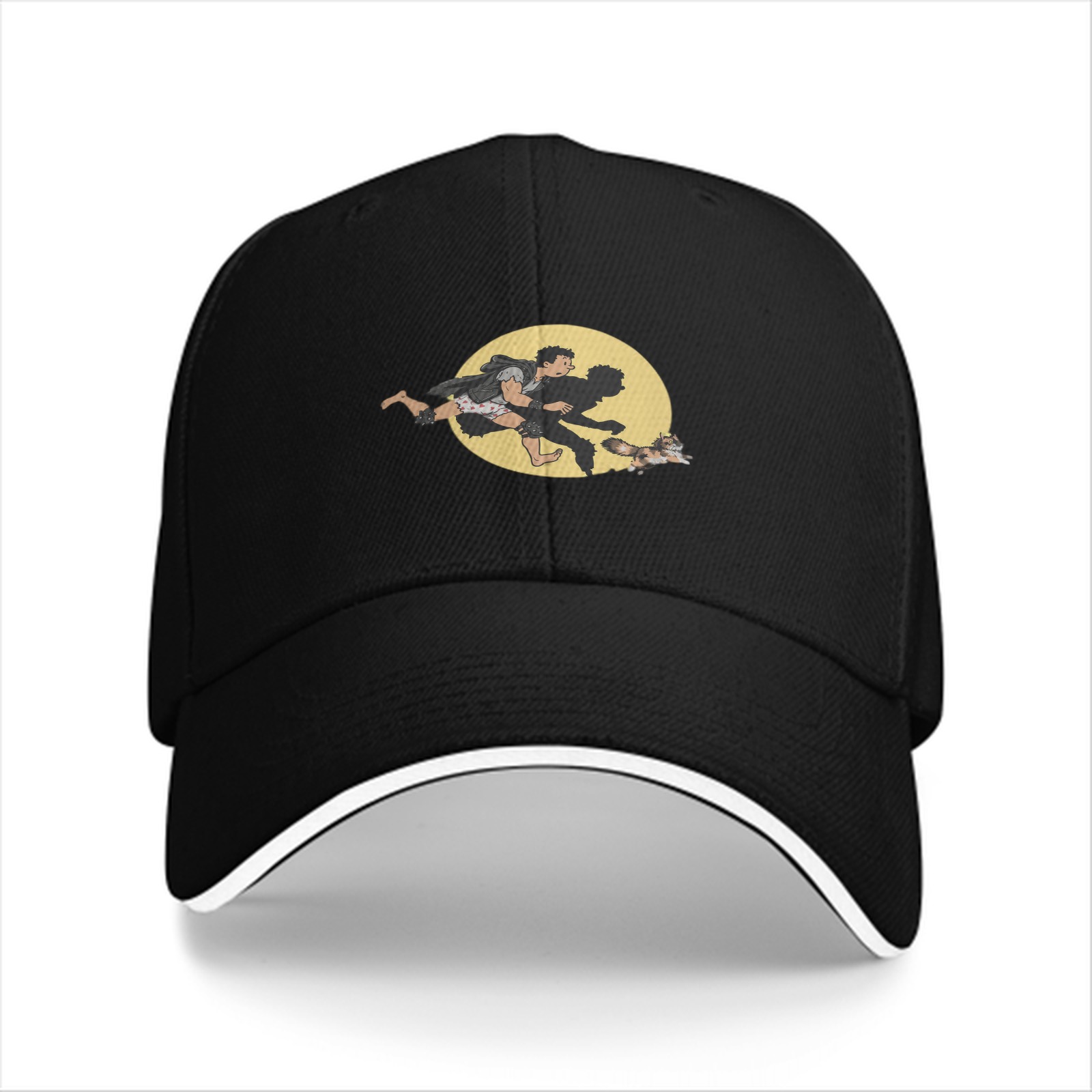 Black Baseball Cap With Running Figure And Raccoon Graphic
