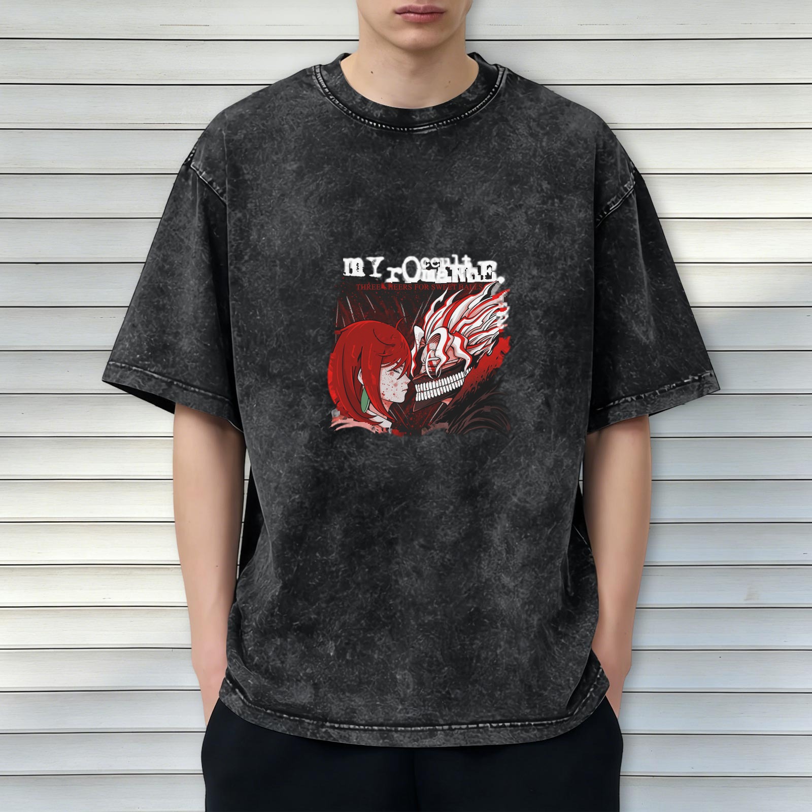 Oversized Acid Wash Anime Graphic T-Shirt with Dark Art Print