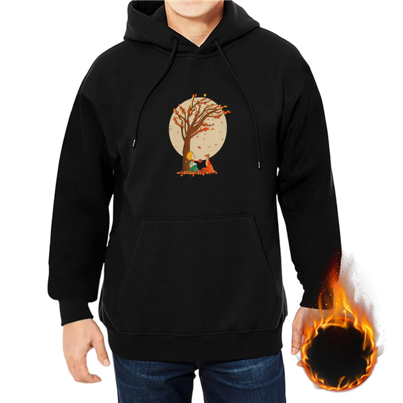 Black hoodie with autumn tree and small figure graphic