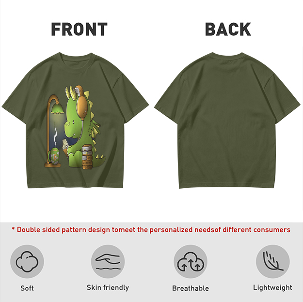 Olive T-Shirt with Cute Dragon Reading and Wearing Headphones