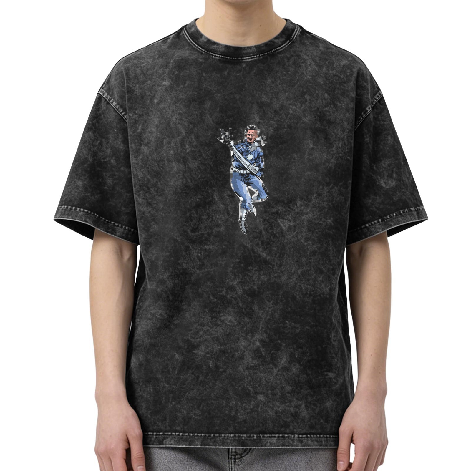 Oversized faded black t-shirt with action figure graphic print