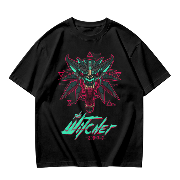Olive green t-shirt with cyberpunk witcher wolf head graphic