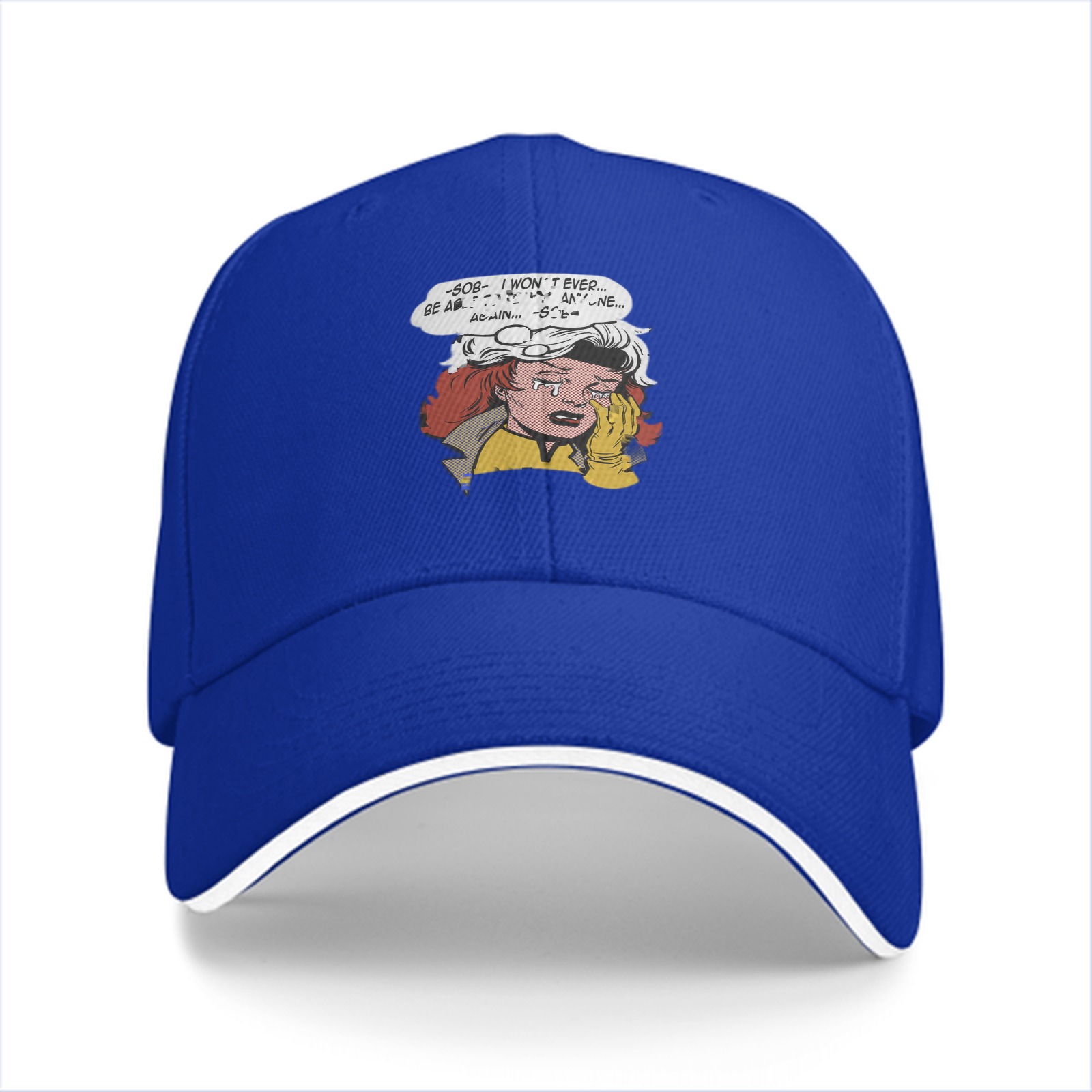 Black baseball cap with crying comic character print