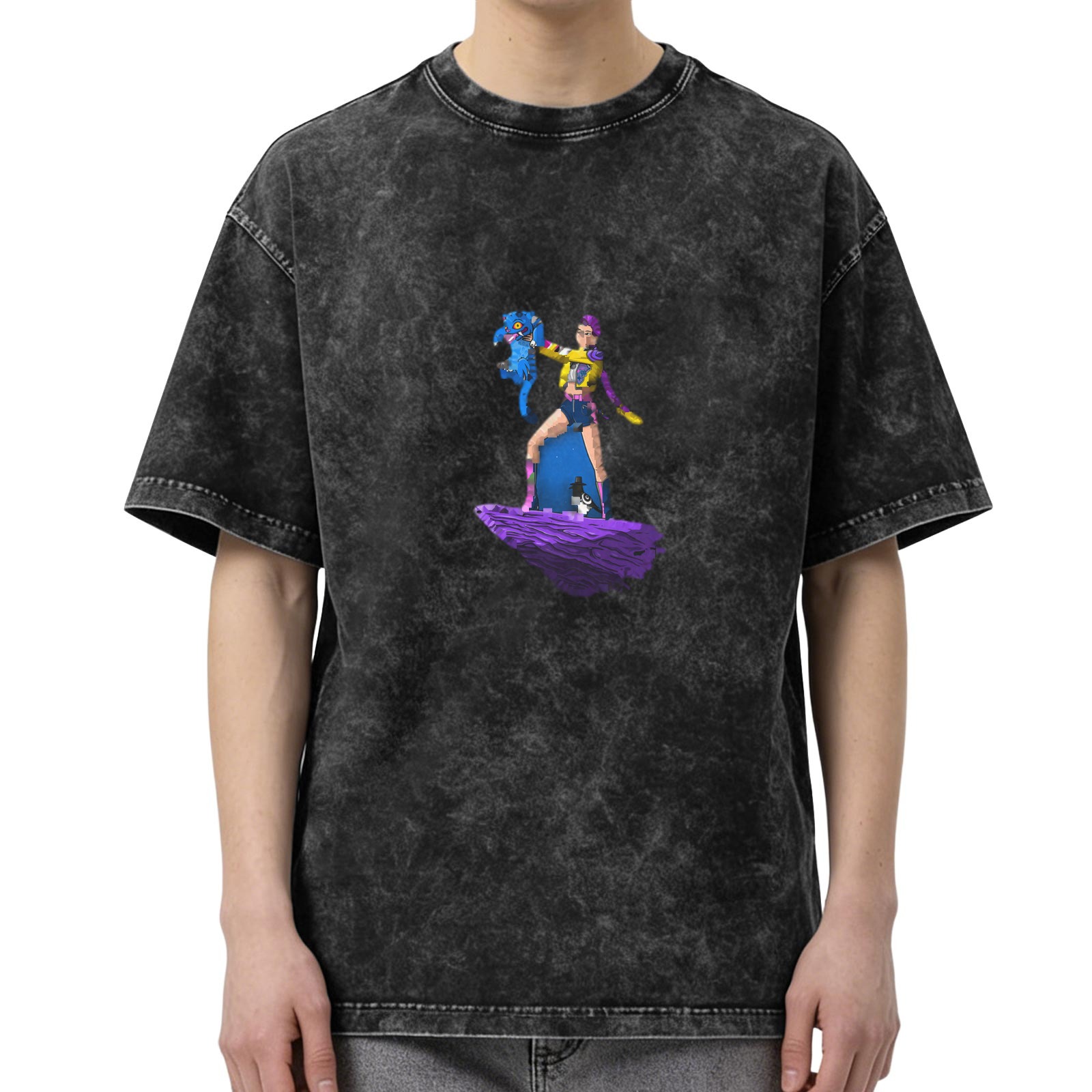 Washed black graphic t-shirt with floating character and creature print