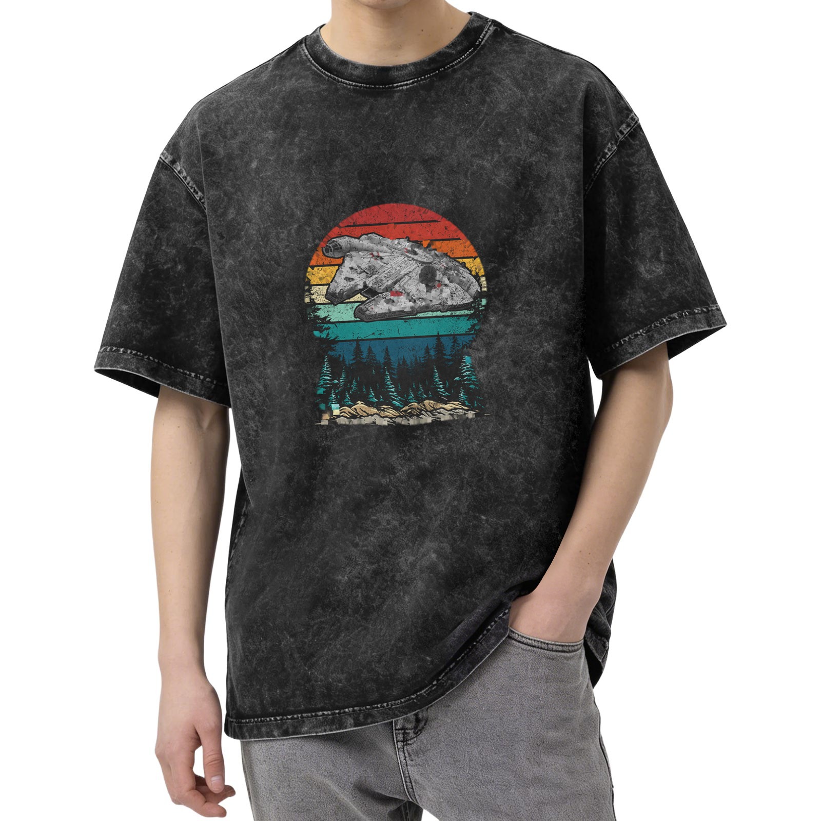 Vintage Washed Black T-Shirt with Retro Sunset Spaceship Forest Graphic