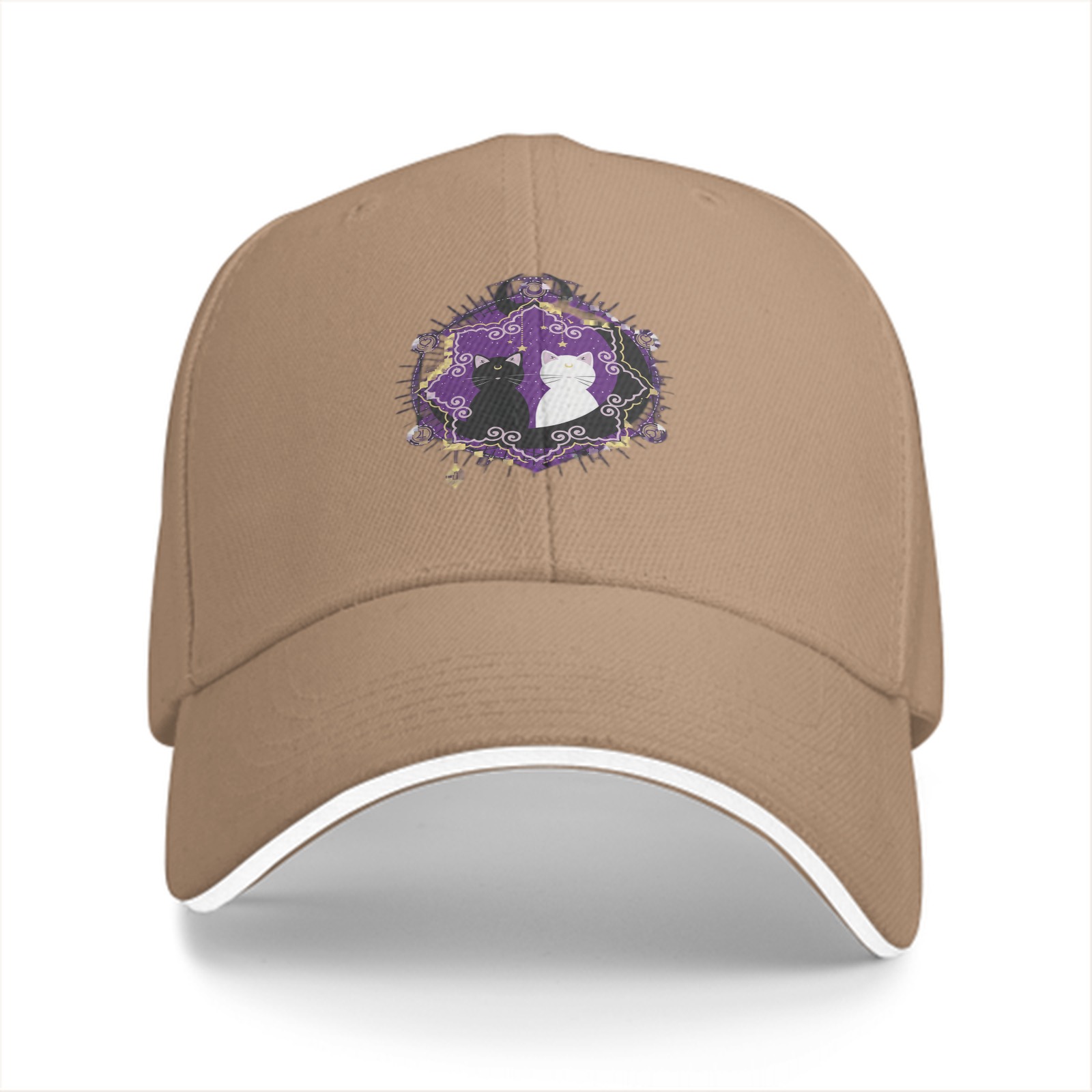 Black baseball cap with purple star cat graphic design