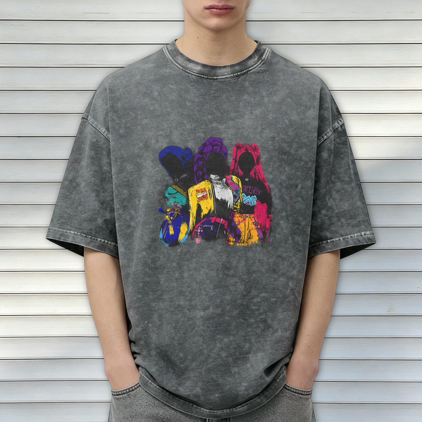 Washed Black Oversized T-Shirt with Colorful Graphic Figures