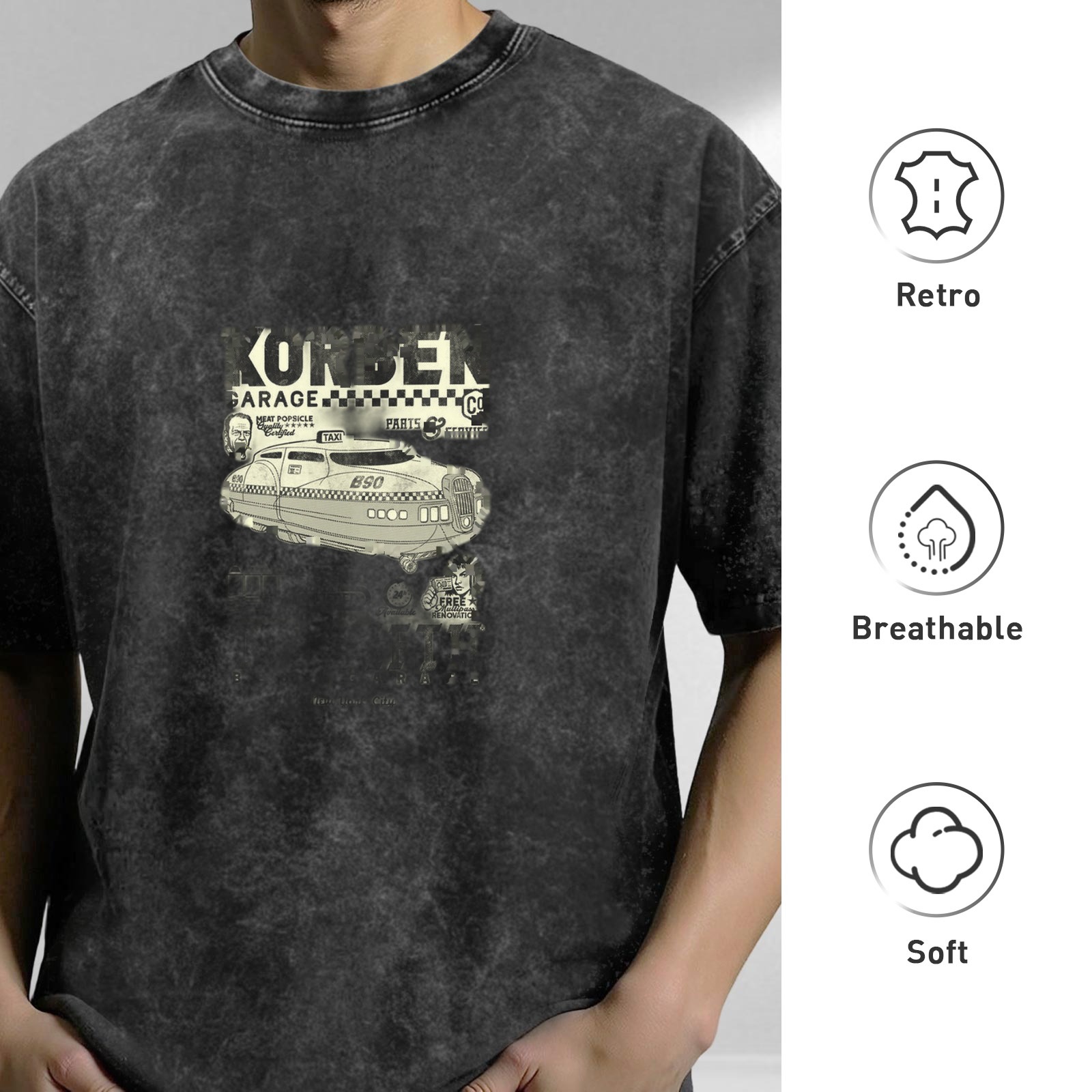 Washed Black Oversized T-Shirt with Retro Garage Taxi Graphic Print