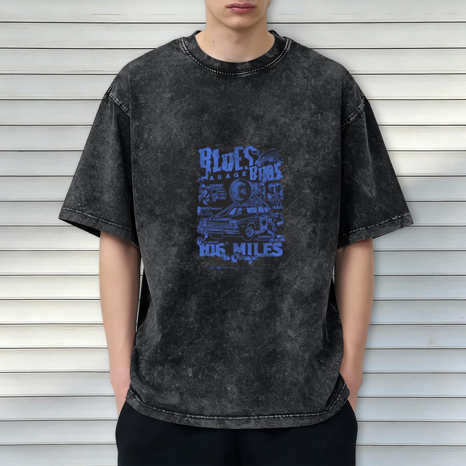 Washed Black T-Shirt with Blues Bros Garage 106 Miles Chicago Graphic