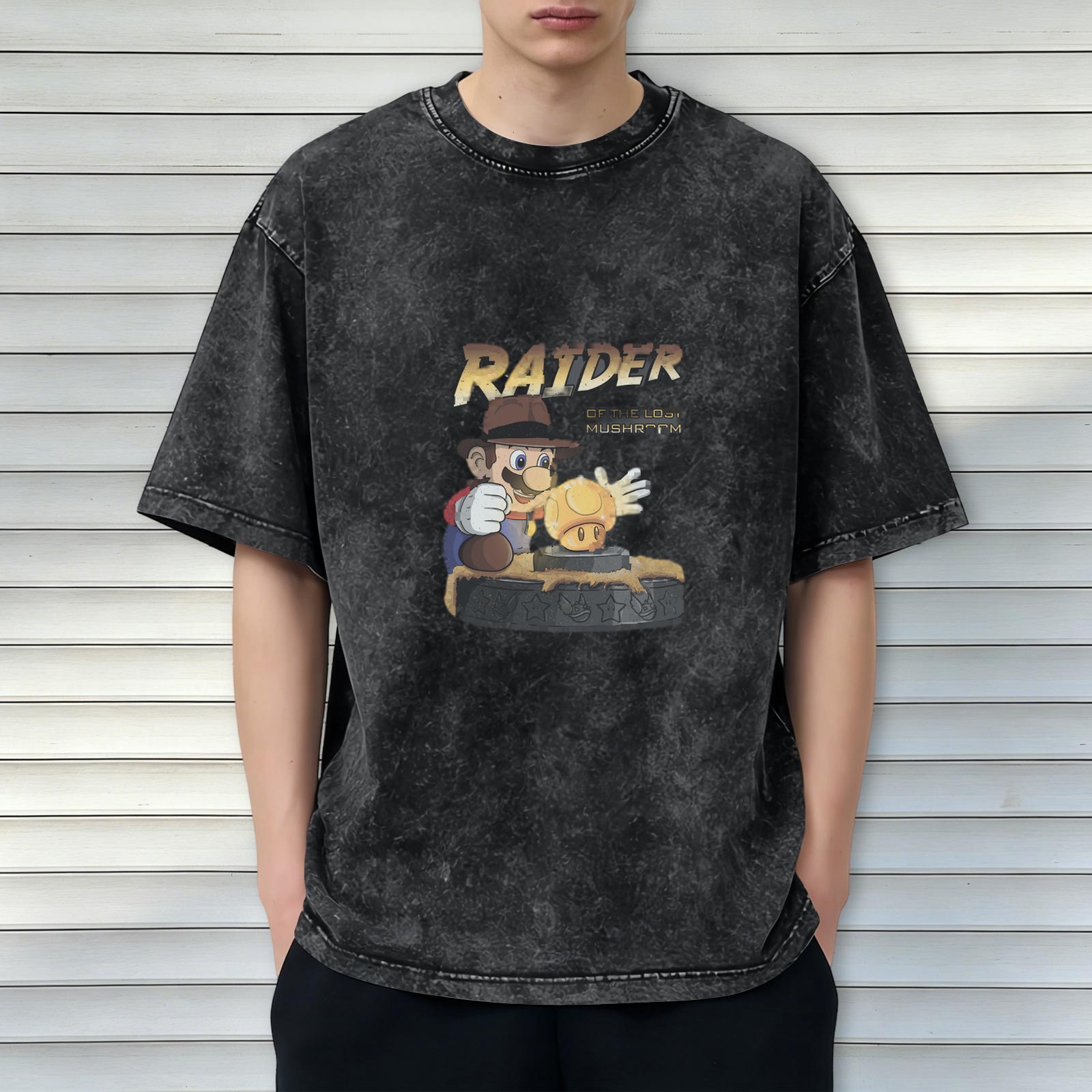 Vintage Washed Black Short Sleeve T-Shirt with 'Raider of the Lost Mushroom' Mario Graphic Print