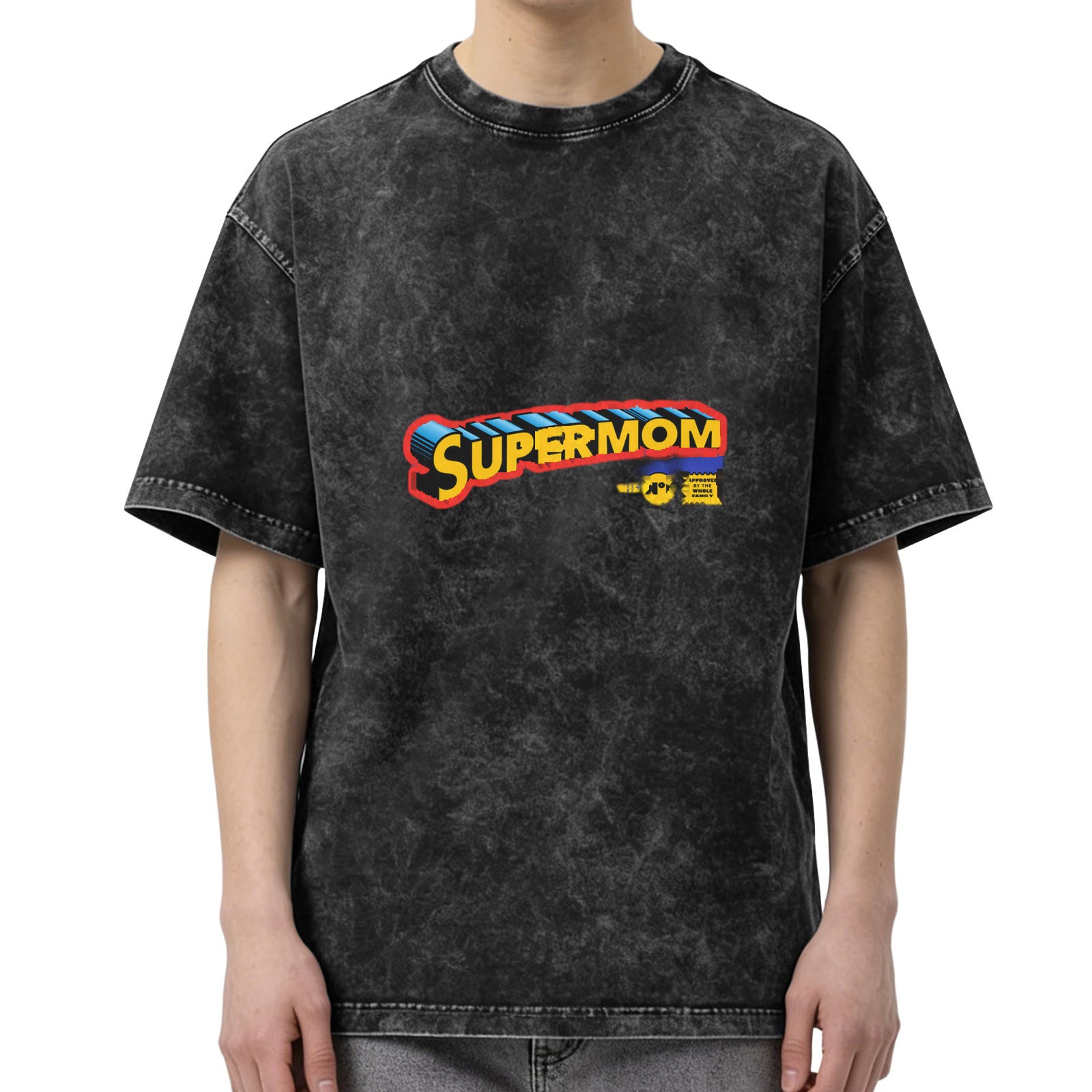 Washed Black T-Shirt With Supermom Comic Style Graphic Print