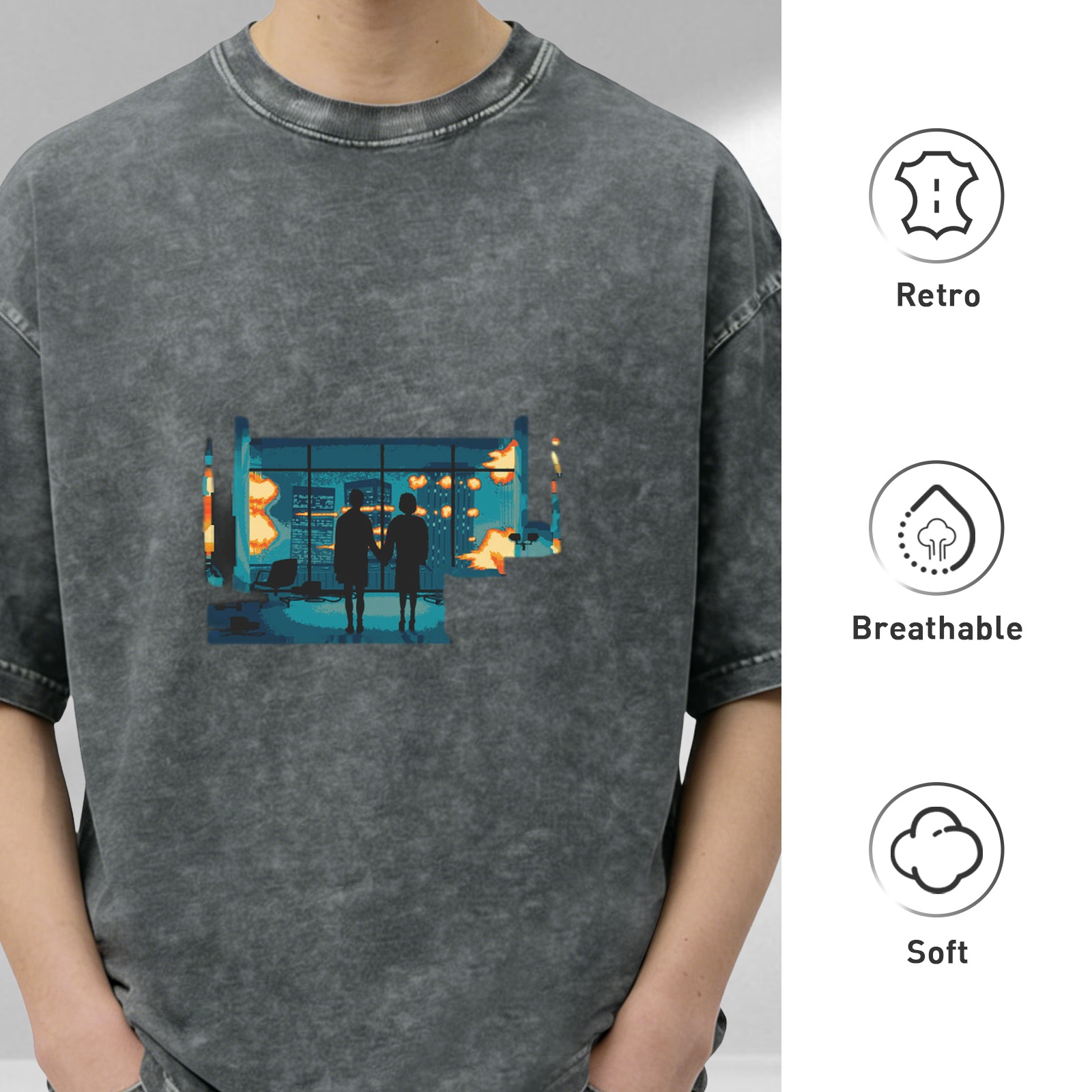 Distressed washed black short-sleeved T-shirt with pixel style explosion scene pattern of people holding hands printed on the back, loose fit