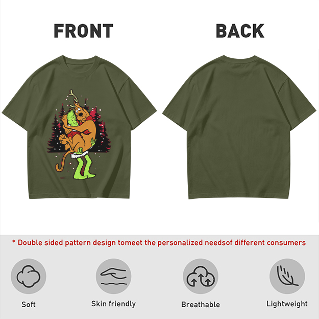 Olive Christmas T-Shirt Featuring Scooby-Doo Hugging The Grinch