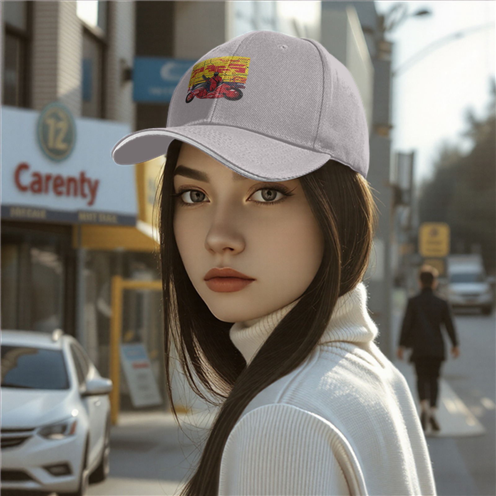 Black Baseball Cap with Anime Motorcycle Rider Graphic