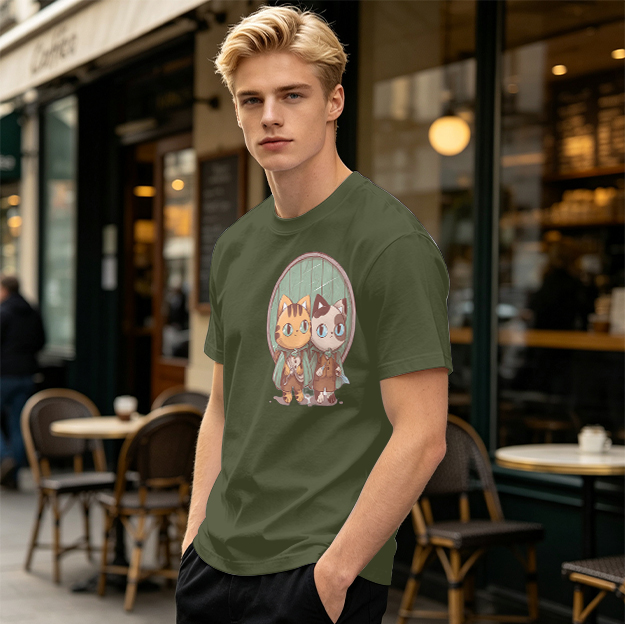 Olive Green T-Shirt With Cute Cat Fantasy Character Print