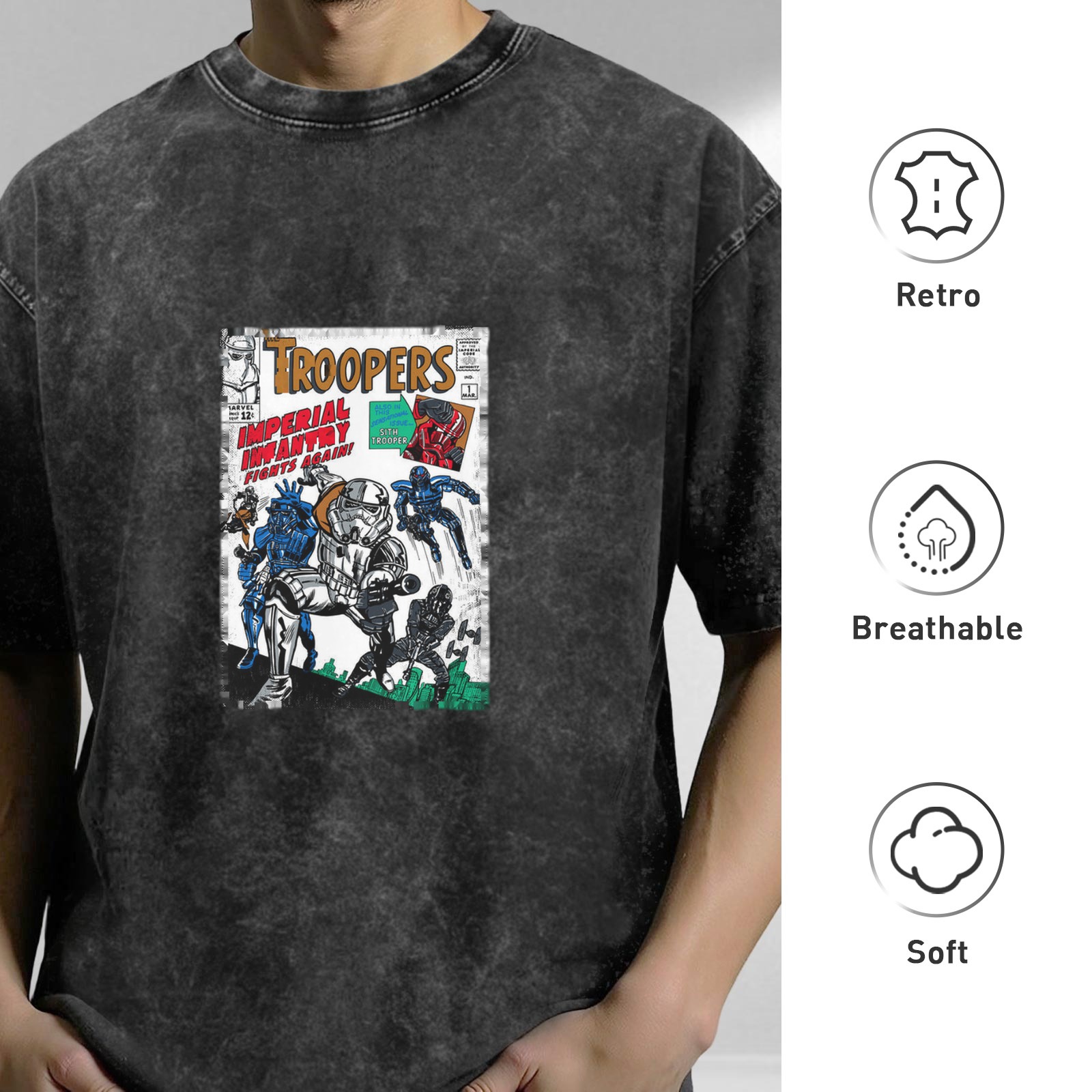Washed Black T-Shirt with Retro Troopers Imperial Infantry Comic Print