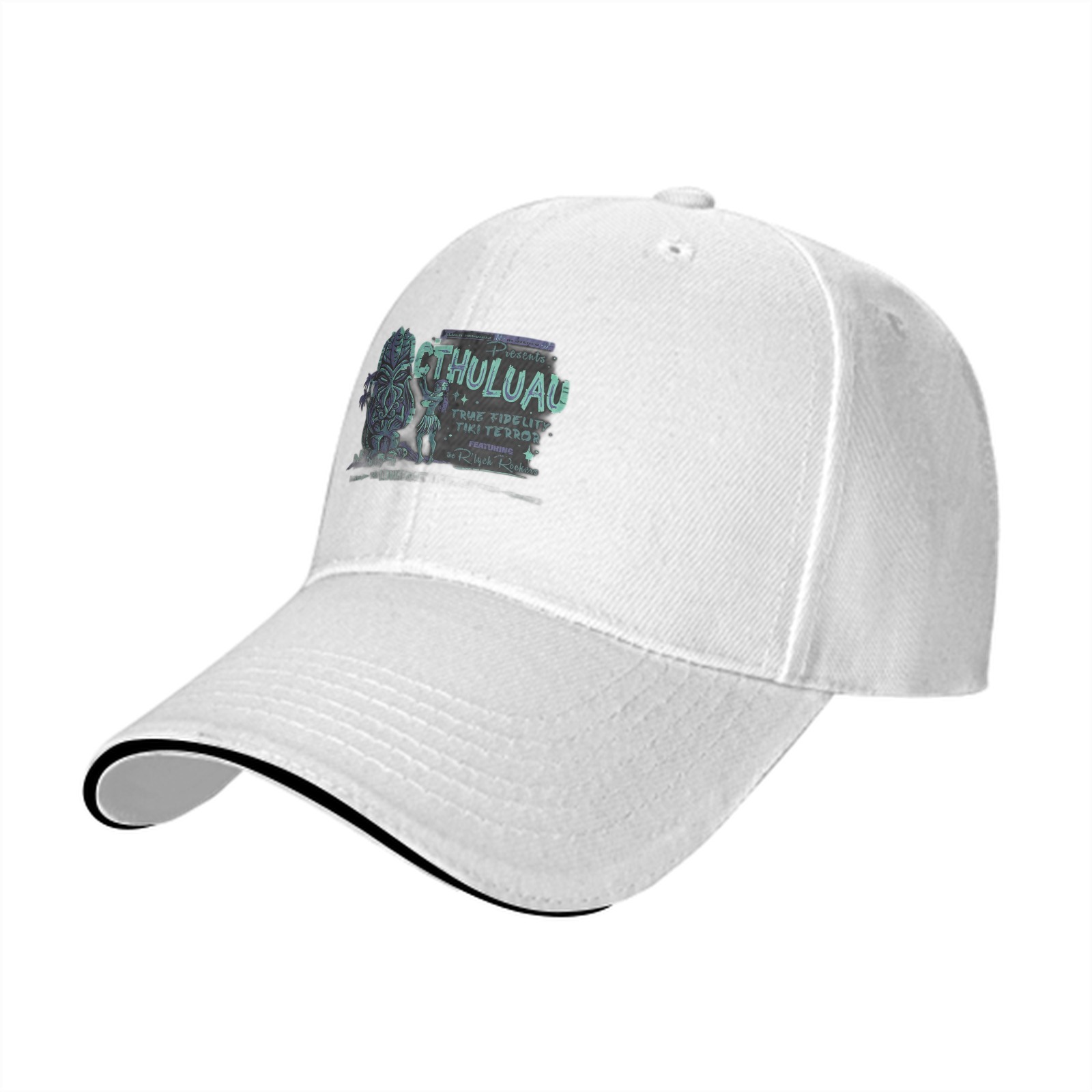 Black baseball cap with Cthuluau tiki monster graphic print