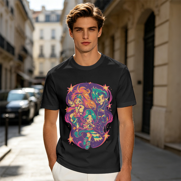 Olive T-Shirt With Vibrant Anime Chibi Characters Graphic Print