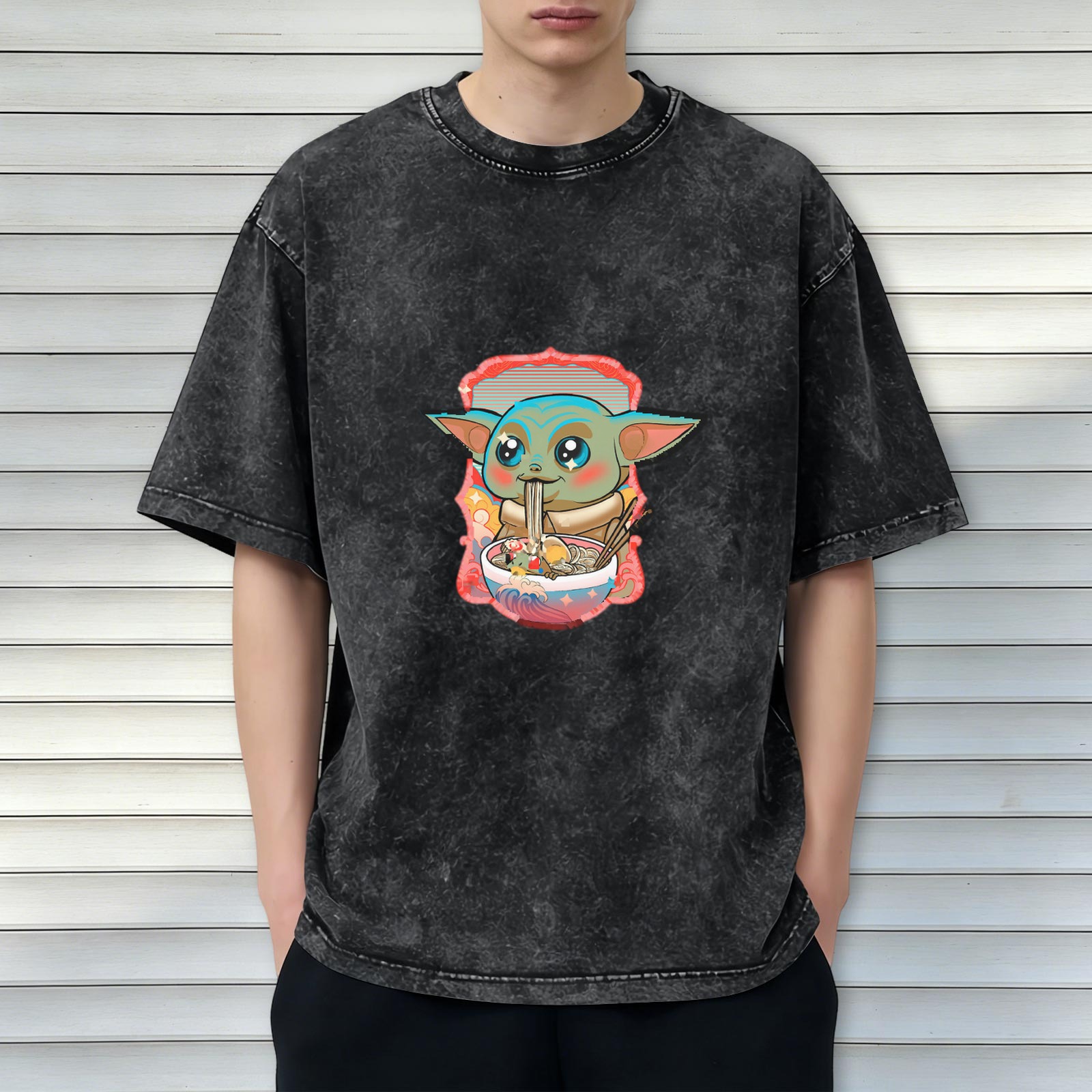 Washed black graphic t-shirt with Baby Yoda eating ramen design