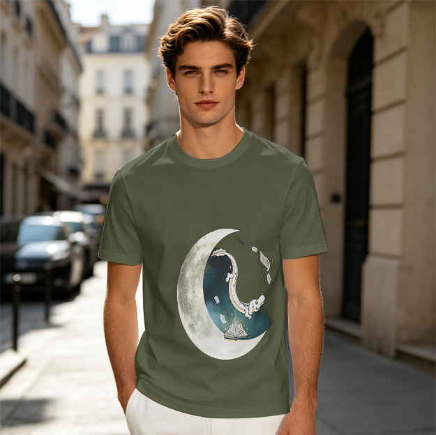 Olive T-shirt with Crescent Moon Galaxy Astronaut Graphic