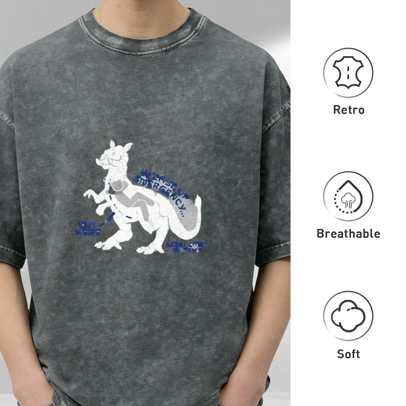 Oversized Acid Wash Graphic T-Shirt with Dinosaur Print