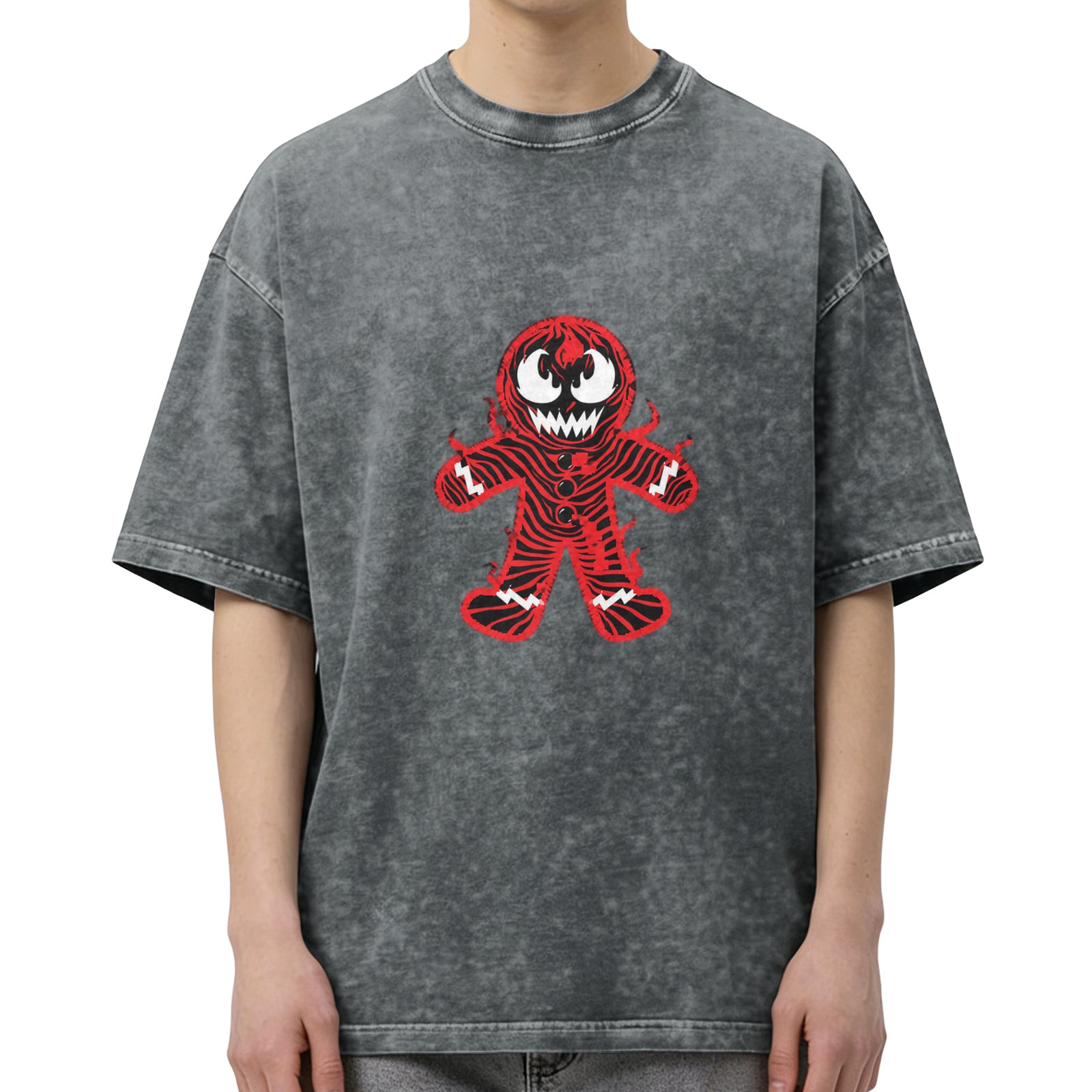 Oversized Acid Wash T-Shirt With Evil Gingerbread Man Print
