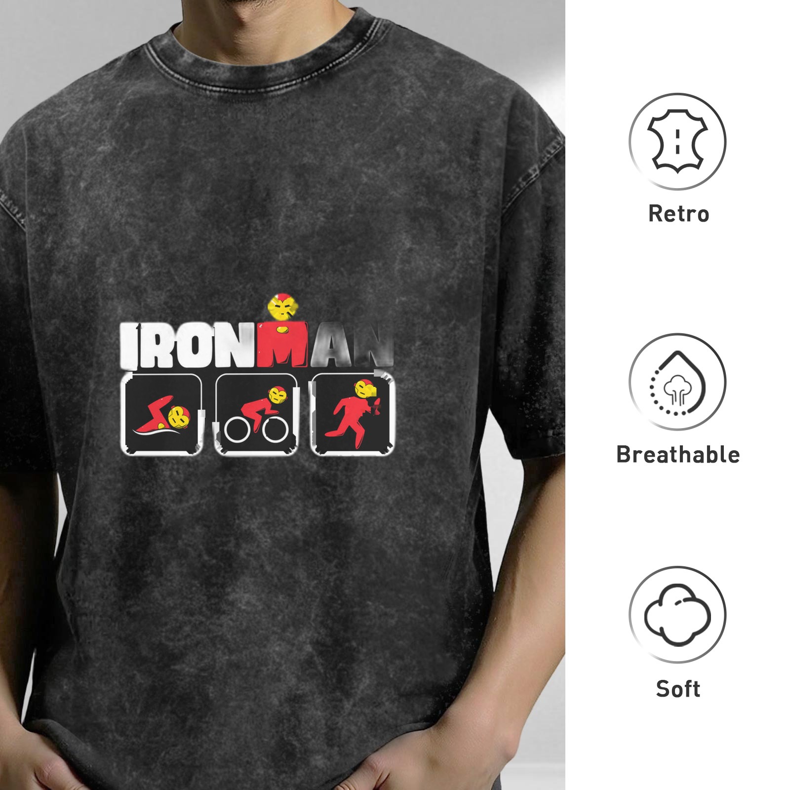 Ironman Triathlon Themed Acid Wash Cotton T-Shirt