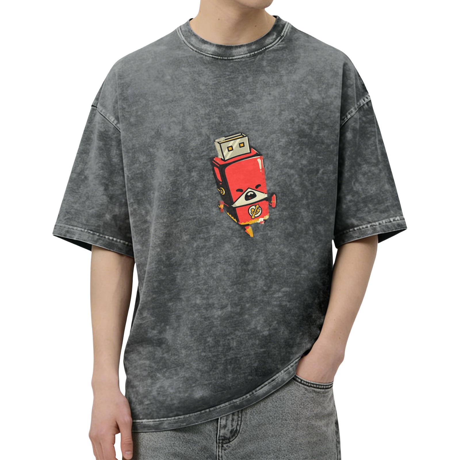 Distressed washed black cartoon U disk Superman printed short-sleeved T-shirt