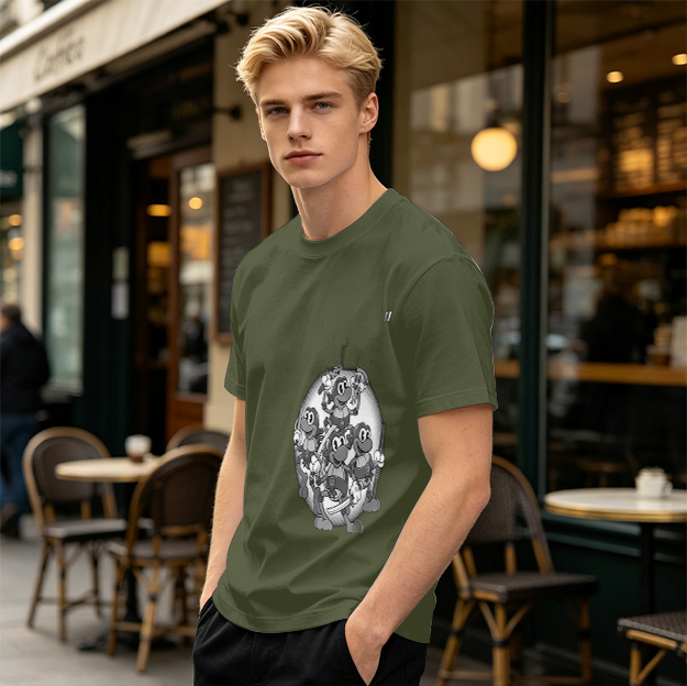 Olive green graphic t-shirt with cartoon monkey crew print