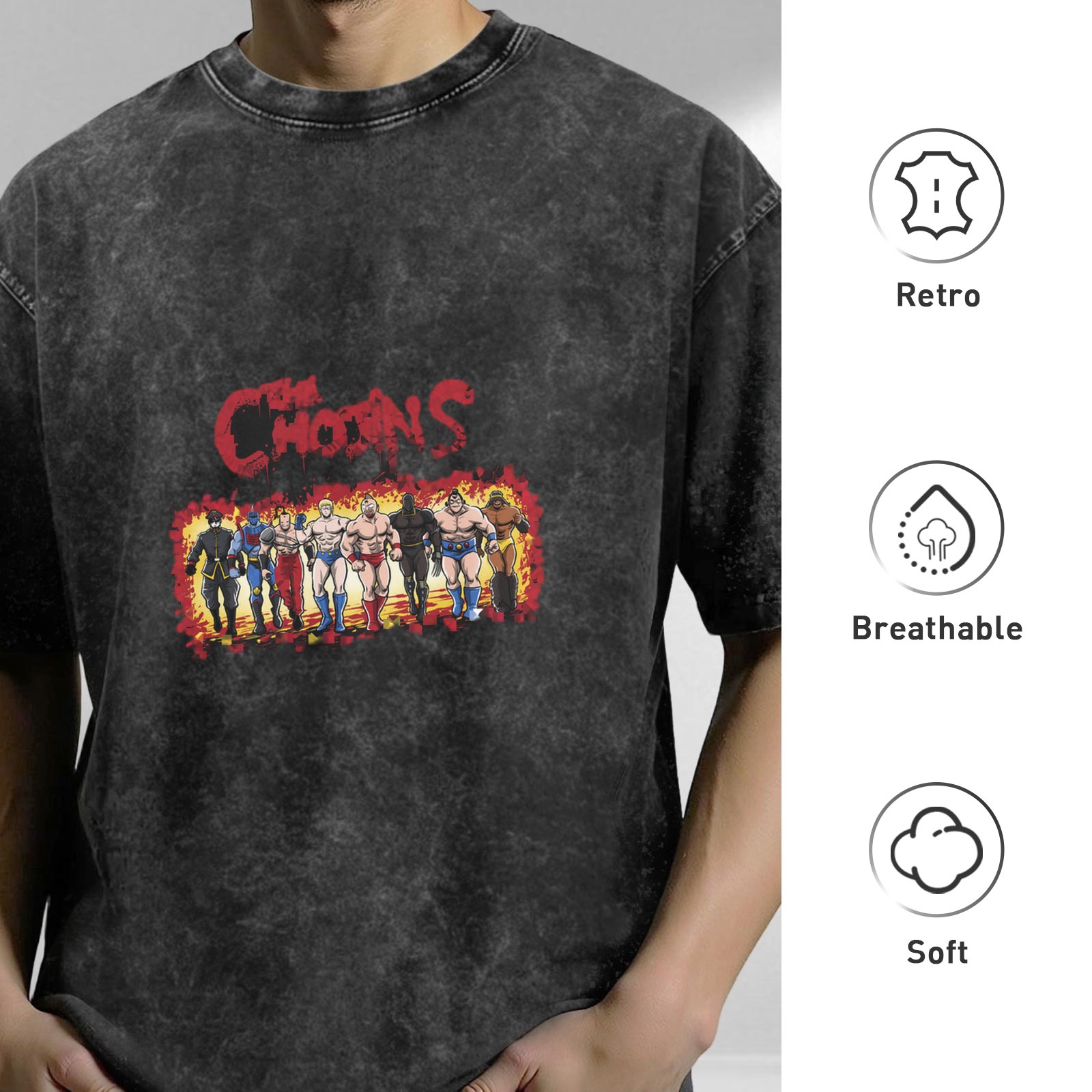 Washed Black Graphic T-Shirt with Retro Wrestler Team Print