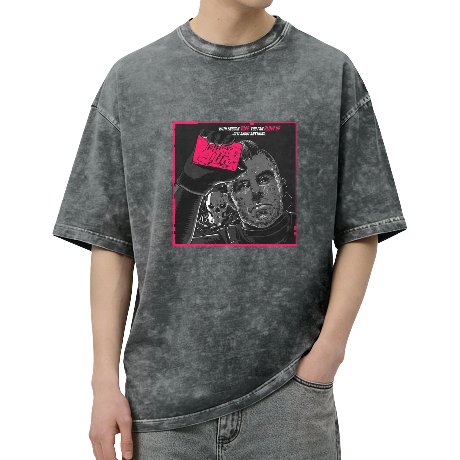 Washed black graphic t-shirt with cyberpunk-style man and skull print