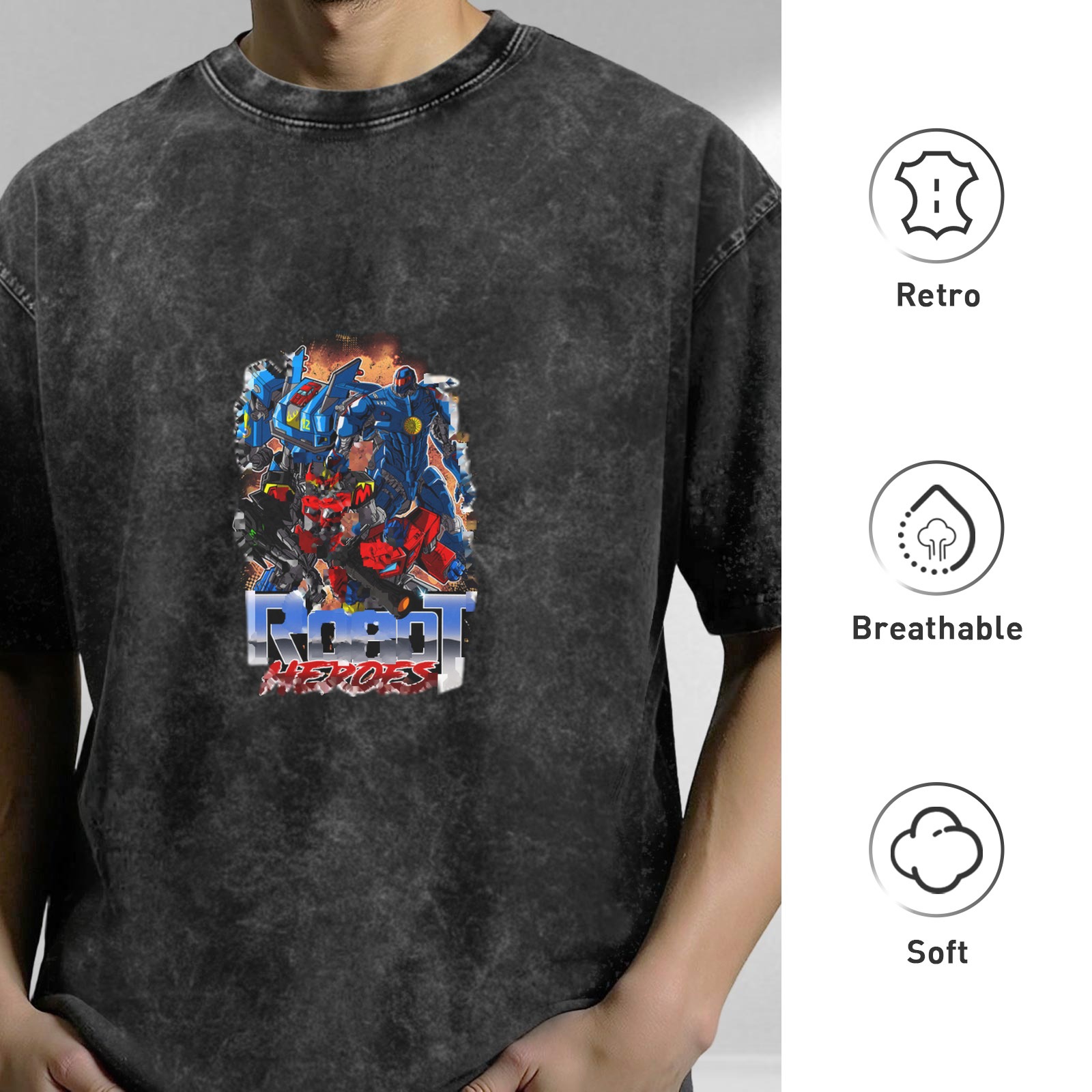 Oversized dark washed graphic t-shirt with Robot Heroes mecha print