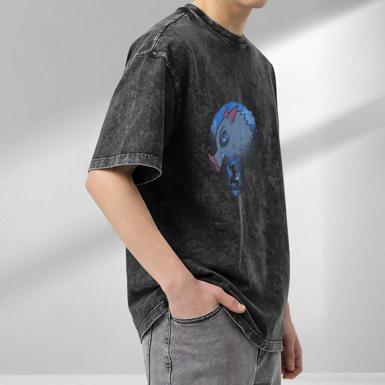 oversized dark washed t-shirt with anime boar head graphic