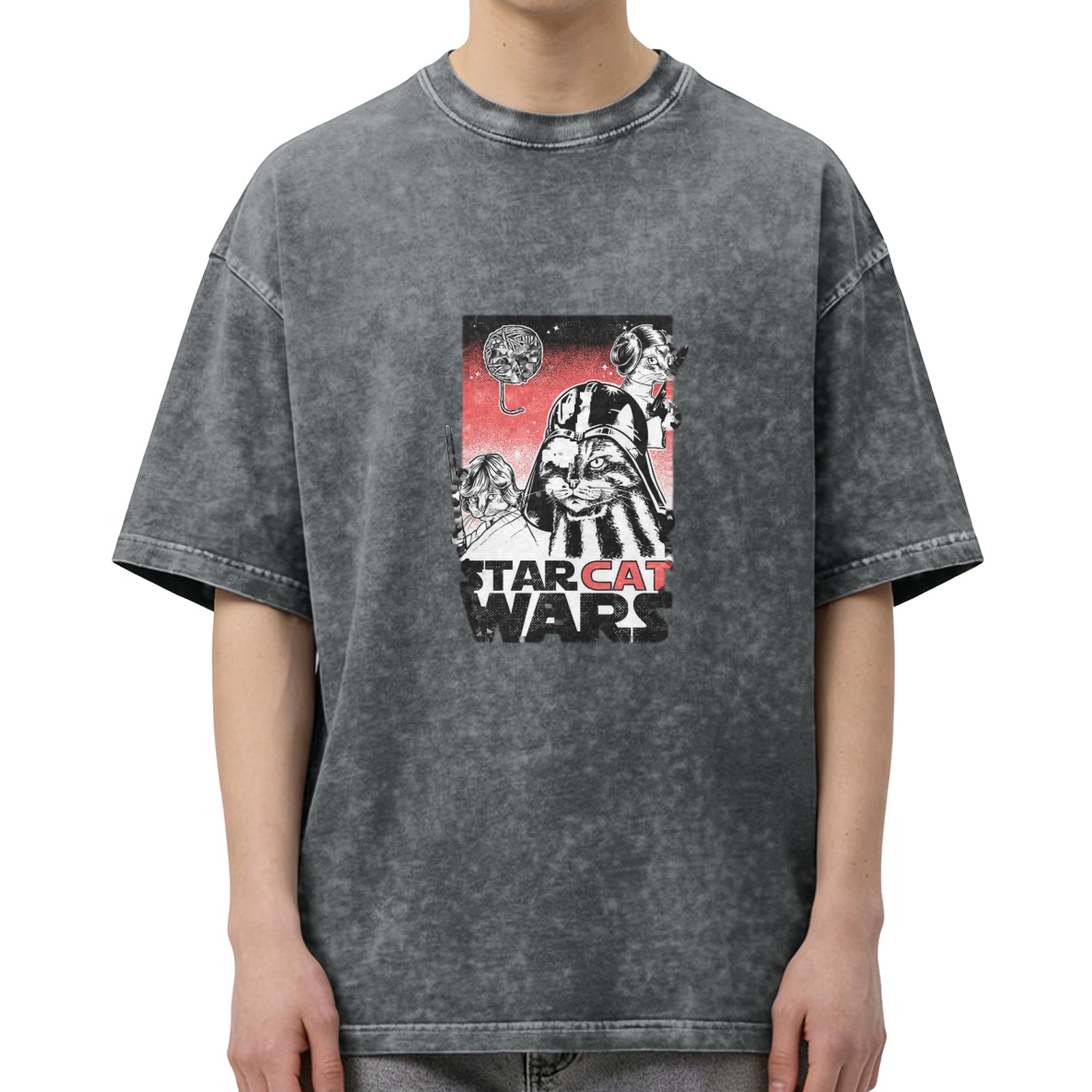 Star Cat Wars Graphic Acid Wash T-Shirt for Cat and Sci-Fi Fans