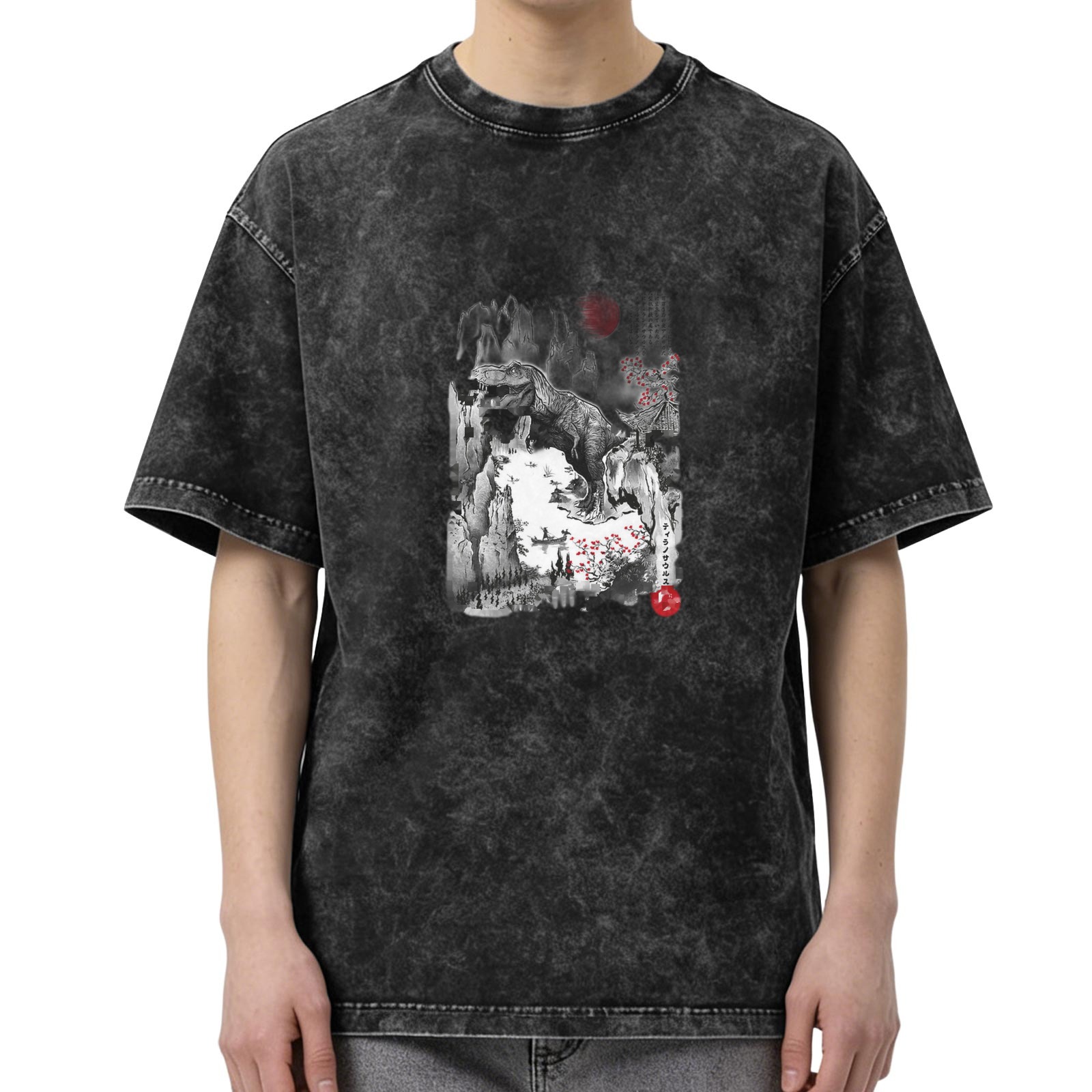 Oversized acid wash t-shirt with Japanese landscape print