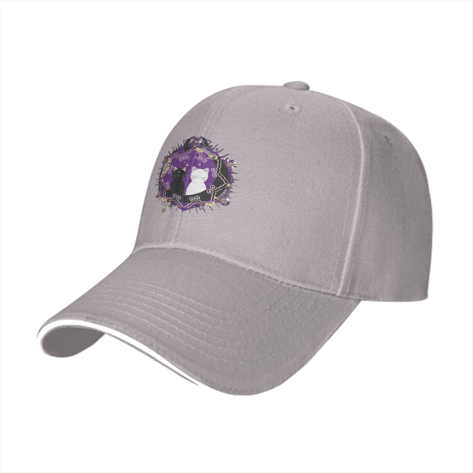 Black baseball cap with purple star cat graphic design