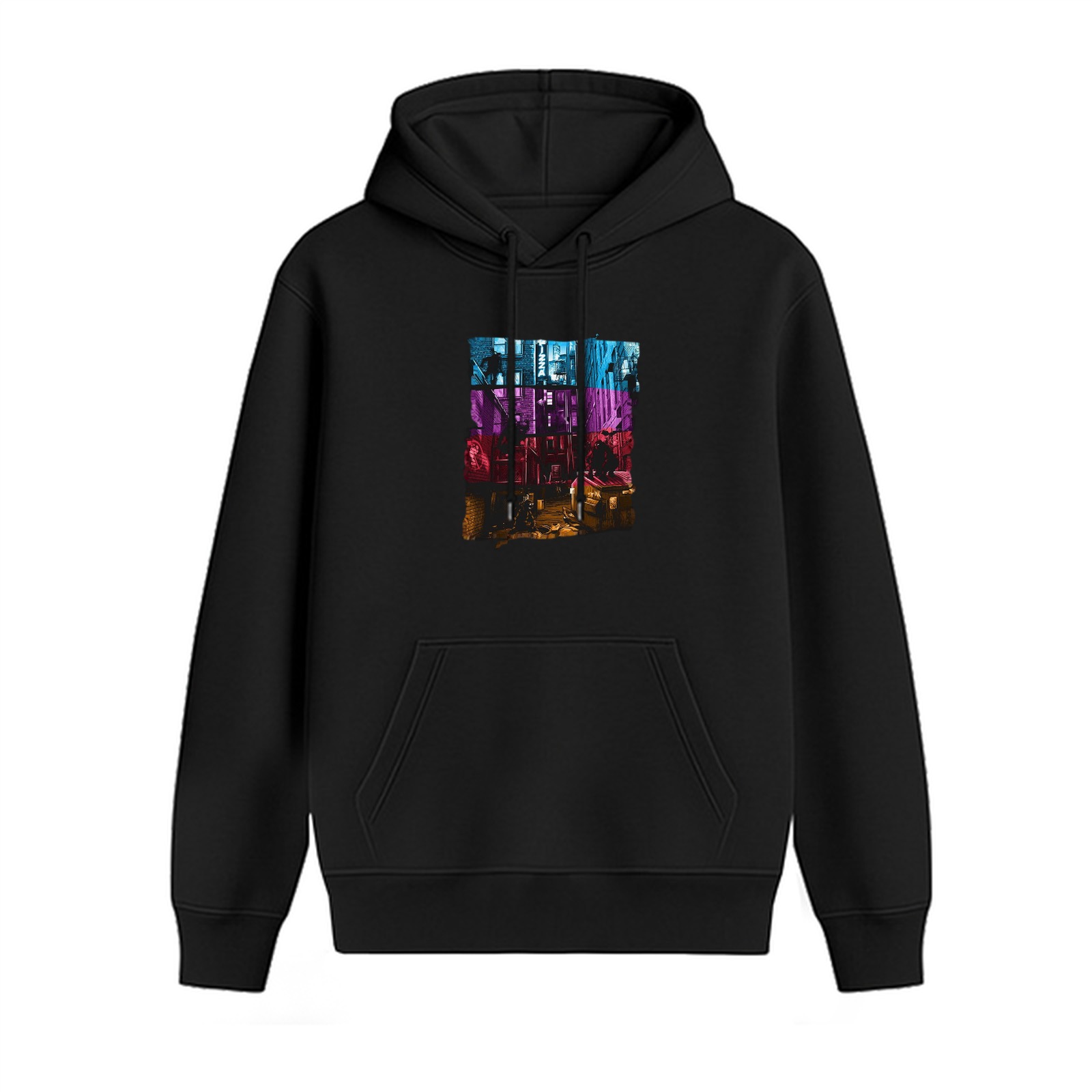 Black Hoodie with Neon Cityscape Graphic Print