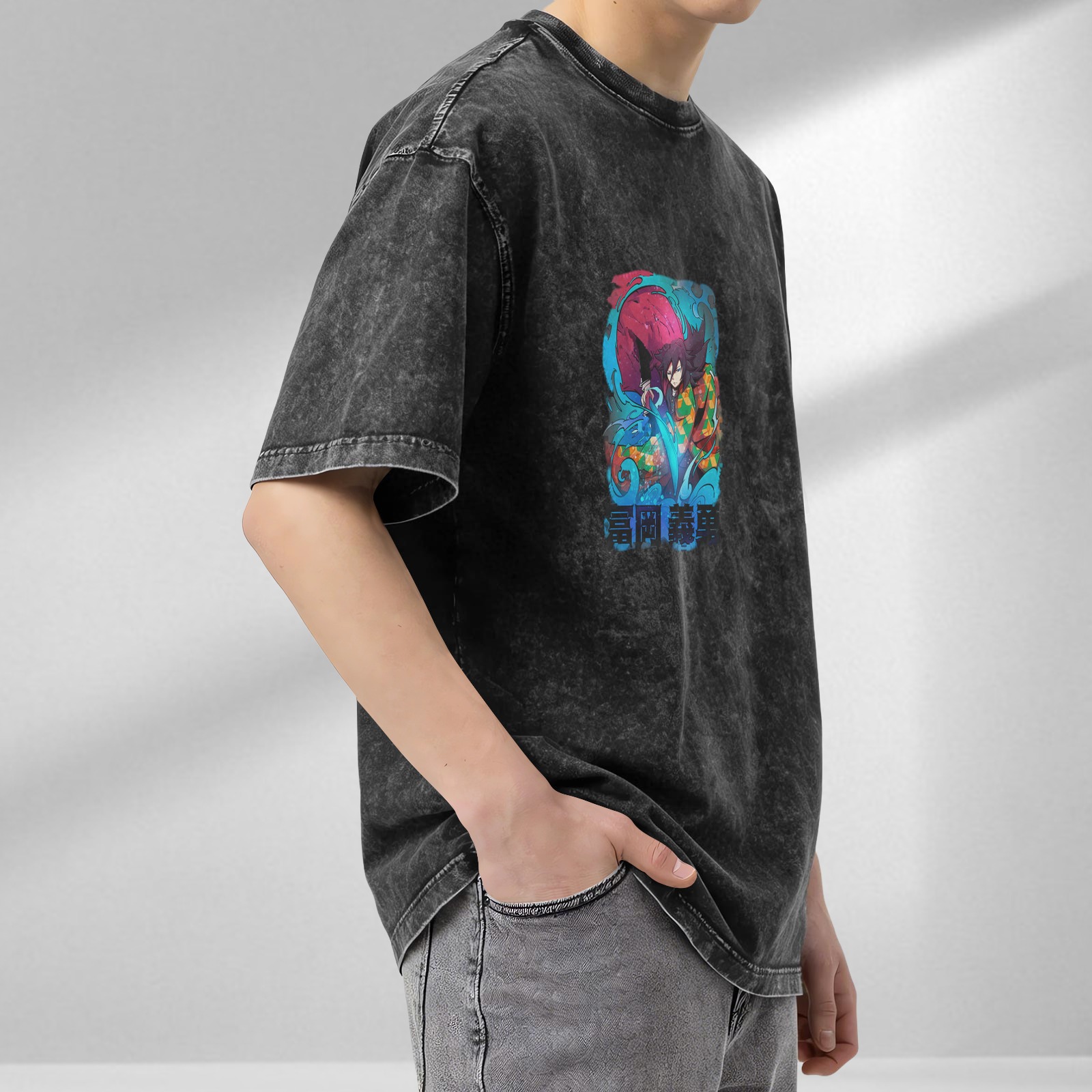 Oversized washed anime graphic t-shirt with water demon slayer character