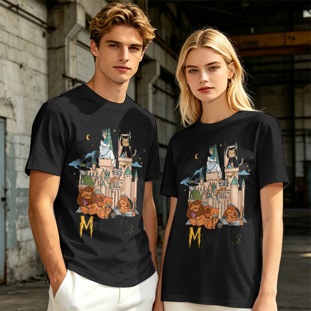 Olive T-Shirt With Whimsical Wizard Cat Castle Graphic